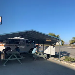 people sitting at picnic tables