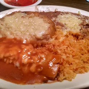 Chile Relleno, enchilada, and rice and beans. Also known as a combo #7.