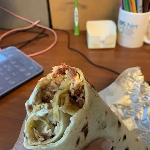 Chorizo potato egg &amp; beans burrito.... Not greasy &amp; very meaty, very tasty