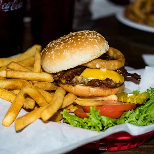 Western Burger! it&apos;s got bacon, onion ring, cheese and awesome.  Such a good burger.