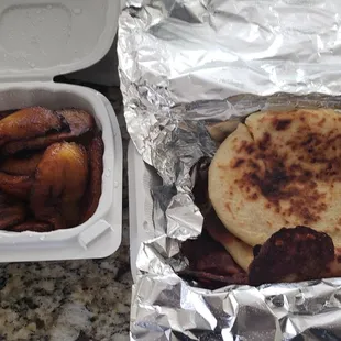 Lunch! Sweet plantains, cheese pupusa, chicken and cheese pupusa, and bean and cheese pupusa