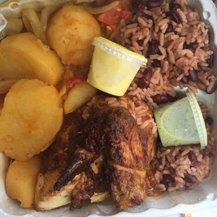 Stew potatoes, rice and beans, 1/4 white meat roasted el polo. Yellow and green sauce to go with