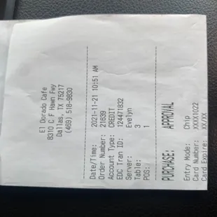 a receipt for a restaurant