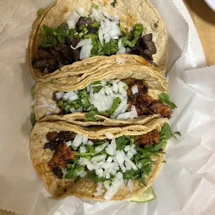 Asada chorizo and Al pastor tacos