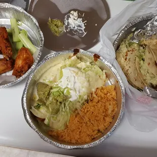 Wings, a shrimp and a fish chimichanga  (both meats were in separate wraps), beef tacos