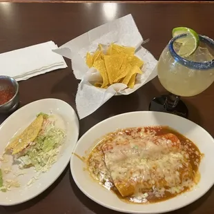 Special #11: Taco, Burrito and Enchilada. And a margarita! I had chicken (no extra charge), but you can get any protein you want.