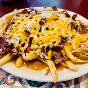 Chili fries with cheese and carnitas