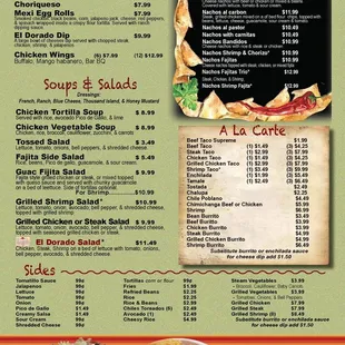 Appetizers; Nachos; Soups and Salads; A La Carte; Sides