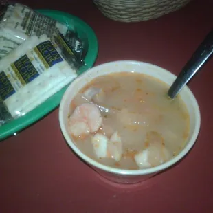 "Cup" of seafood soup, super good to start your meal with.