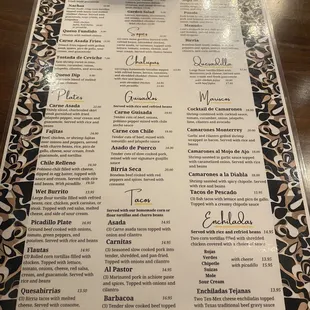 Dinner menu