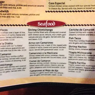 a menu for seafood