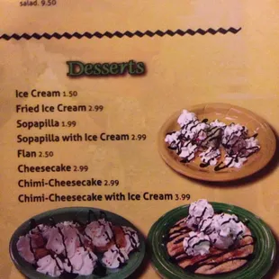a menu for desserts