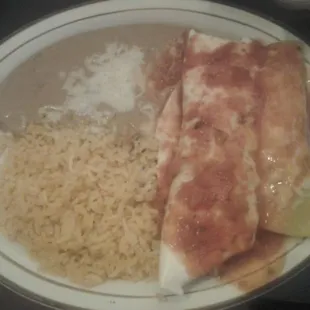 Combo platter (beef enchilada and taco with rice and beans)