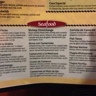 a menu for seafood