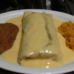 Chimichanga (Burrito Emperador) stuffed with Fajita Be and a lot of other Goodies.