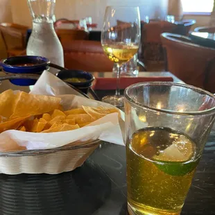 Wine, beer and chips &amp; salsa.