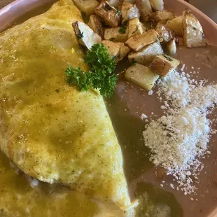 Omelet with salsa verde and chorizo