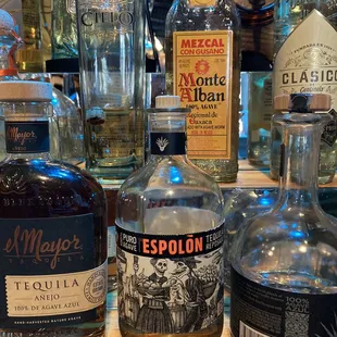 a variety of liquor bottles