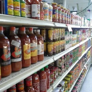 shelves of hot sauces