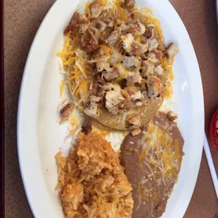 Chicken tacos, beans, and rice