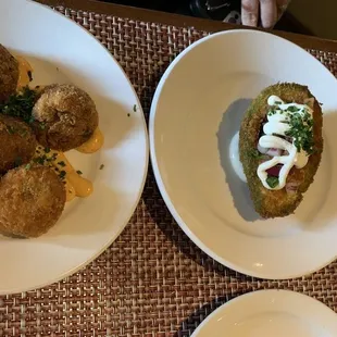 Chicken, green chili and cheddar croquetas, flash fried avocado &amp; sautéed hearts of artichoke with goat cheese and balsamic