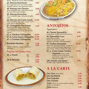 Breakfast, appetizers and a la carte items