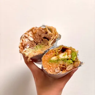 Super Burrito: beef tongue/lengua with refried beans, shrimp burrito + avocado (03/2022)