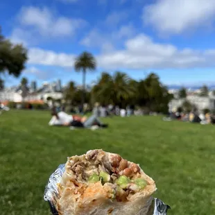 a hand holding a burrito