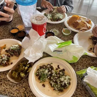 Chicken, beef, tongue taco plates with medium horchata