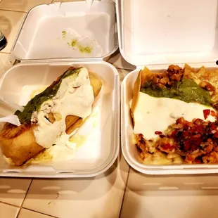 Chimichanga and chicken nachos. Both delicious