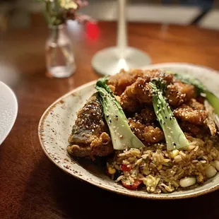 Whole fried black bass, creative and good.