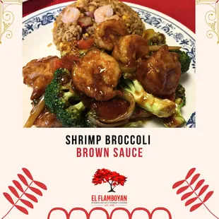 Succulent shrimp, tender broccoli, and a rich brown sauce--this is how we do flavor!  
.
.
.
#ElFlamboyan #Orlandofl