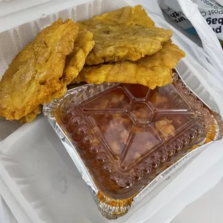 Tostones con Camarones / Fried Green Plantains with Shrimp