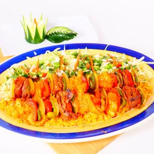 Skewers chicken, steak, shrimp or mix.