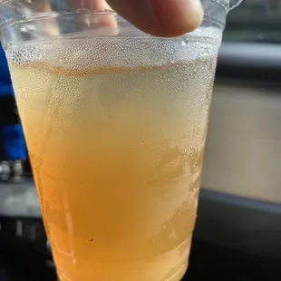 a person holding a plastic cup of liquid