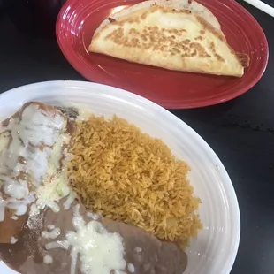 Ground beef enchilada rice beans and cheese quesadilla