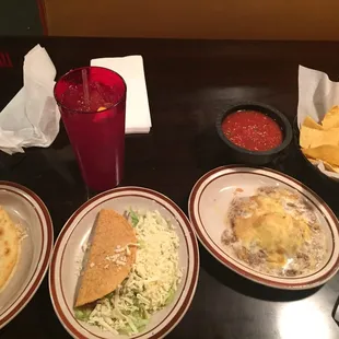 Chips salsa taco chicken quesadilla