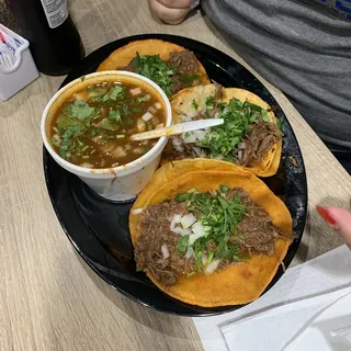 3 birria tacos and 1 consome