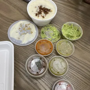 Queso with Chorizo, Guacamole and salsas