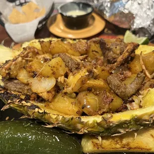 The off-menu pineapple with chicken and beef.   Little expensive.  But worth it.