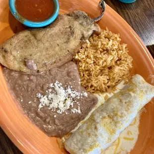 Chili relleno and chicken enchilada.
