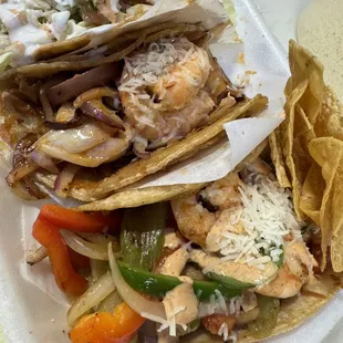 our sea food tacos Governador taco , Shrimp Enchilado &amp; battered fish taco