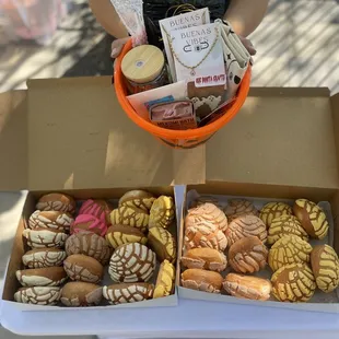a woman holding a box of donuts