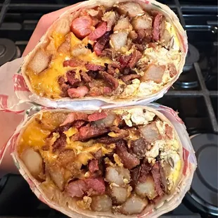 Bacon, egg, cheese, and potato breakfast burrito