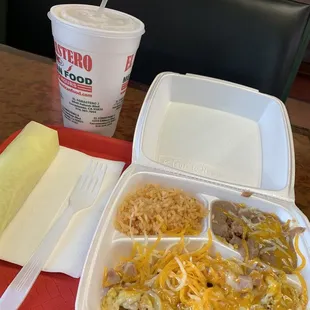 Ham &amp; Eggs breakfast plate with a Large horchata