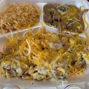 Ham, Eggs, Beans, Rice, and Cheese