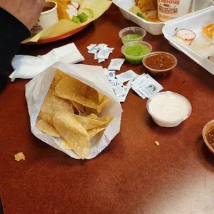 Chips &amp; salsa, two orders of quesabirra tacos