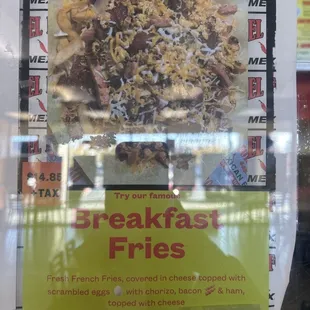 New item! Breakfast fries: comes with eggs, chorizo, bacon, ham and cheese