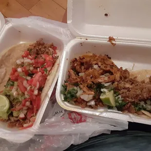 Carnitas taco with guac and pico, chicken street taco, and carnitas street taco