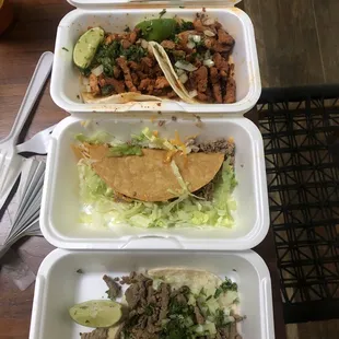 Carne asada street taco, pork street taco, crispy beef taco